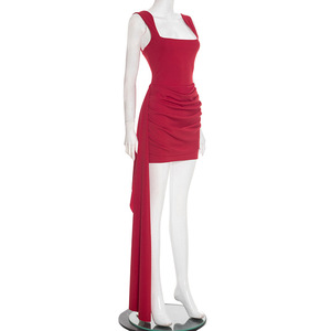 Viviblook D25DS586 Robe élégante pour femme, nouvelle collection, pour le travail, col carré, bretelles, sans manches, ruban, coupe ajustée, mini robe de soirée - Product Image 5