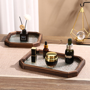 Mystic Arts Solid Wood Glass Tray Octagonal Bathroom Storage Tabletop Decorative Organizer For Cosmetics Tea <b>Set</b> Display - Product Image 1