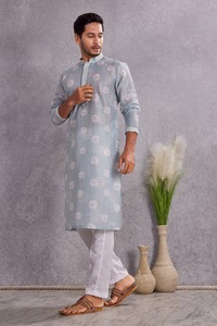 Traditional Casual Wear India Pakistan Style <b>Kurta</b> <b>Men's</b> Gray Printed Cotton <b>Kurta</b> Regular Fit Ankle-Length for <b>Mens</b> - Product Image 3
