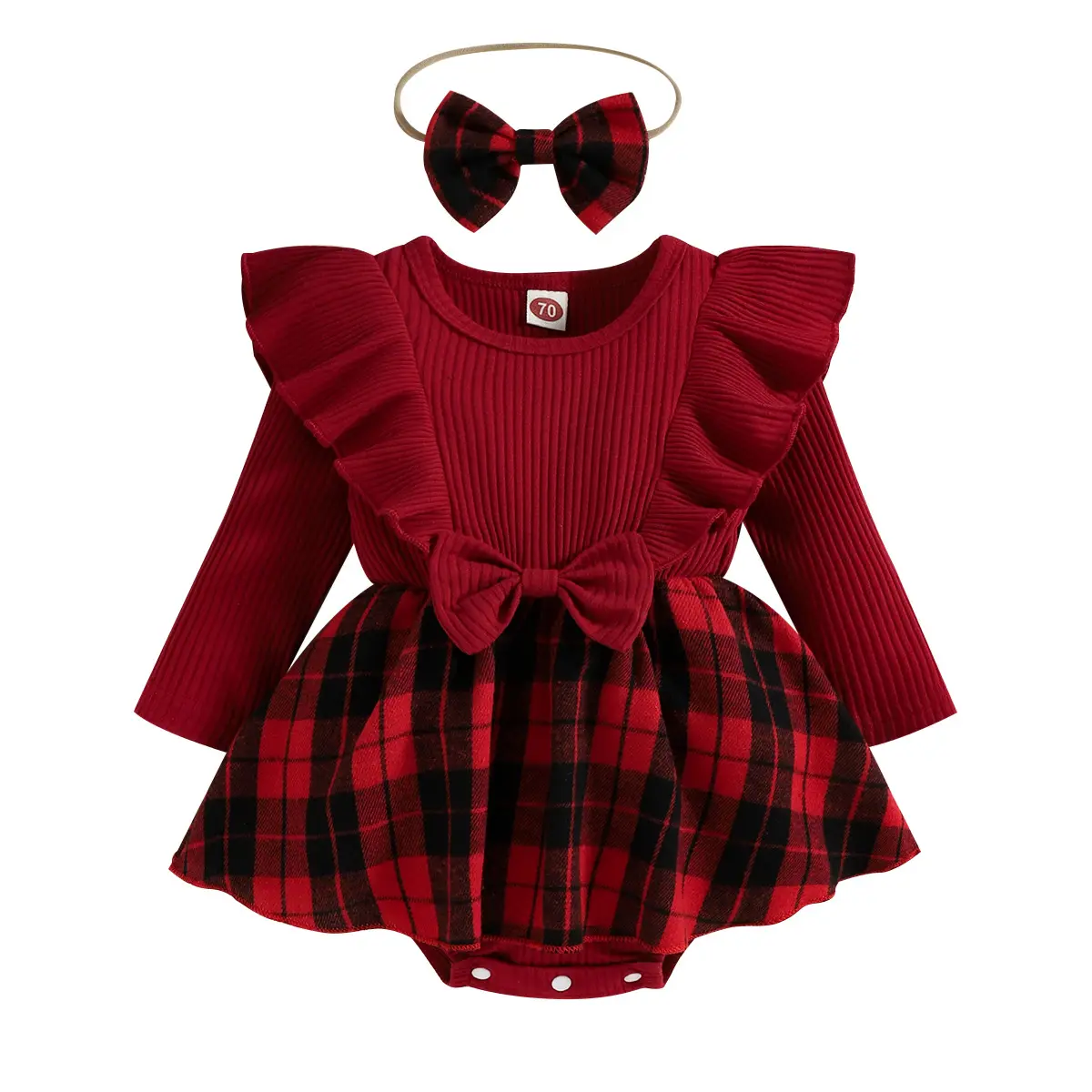 2023 Novos Bebés Meninas Borgonha Manga Comprida Pliado Plaid Bodysuit Vestido Macacão De Natal Do Bebê 0-2 Anos