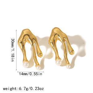 ต่างหูทองคำ 18K รูปหยดน้ำลาวา ประดับมุกแบบฝังขอบ สำหรับผู้หญิง สวมใส่ได้ทุกวัน ดีไซน์เรขาคณิตแบบไม่สมมาตร - Product Image 4
