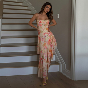 Robe midi asymétrique élégante à volants floraux pour femme, idéale pour les vacances à la plage - Vente en gros - Product Image 4