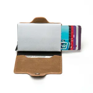 Funda de aluminio para tarjetas de negocios, billetera de cuero con logotipo personalizado Pop-Up, de negocios, Rfid, venta al por mayor