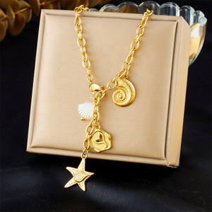European American Fashion Ocean Style Starfish <b>Seashell</b> Gold Plated Stainless Steel Chain <b>Necklace</b> Jewelry Gift - Product Image 1