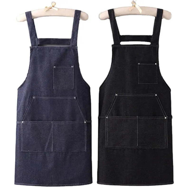 สีดําห้องครัวบ้าน Bib ผ้ากันเปื้อนสําหรับผู้หญิงปักโลโก้ Chef ทําอาหาร DENIM Chef ผ้ากันเปื้อนผ้าใบพร้อมกระเป๋า