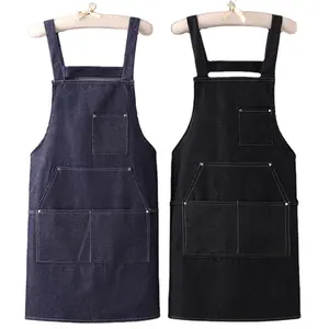 Nhà bếp màu đen nhà BIB Tạp dề cho phụ nữ tùy chỉnh Thêu Logo Đầu Bếp Nấu Ăn denim đầu bếp vải Tạp dề với túi