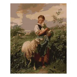 DIY digital girl lamb scene decoration painting by numbers, 40*50 non-fading canvas painting, hand painting for adults
