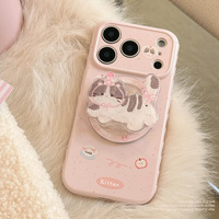 Support magnétique en TPU au design chat adorable pour coque de téléphone 16, couche souple rose, motif dessin animé pour jeune femme, amour