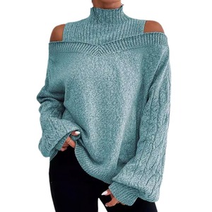Pull-over en maille à col montant et épaules dénudées pour femme, manches lanternes amples, couleur unie, mode automne-hiver - Product Image 5