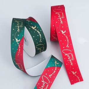 Pita Grosgrain 2.5CM Cetak Foil Emas Terlaris untuk Pohon Natal, Dekorasi Pakaian Natal - Product Image 1