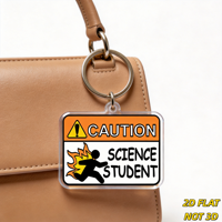 Attention : Porte-clés en acrylique avec figurine de scientifique en course, style panneau d'avertissement rectangulaire, chaîne + anneau