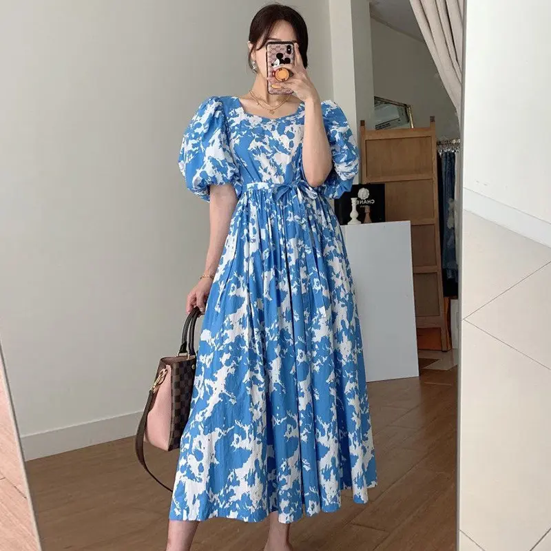 Großhandel koreanischen Stil Vintage Mode Herbst Laternen Ärmel rücken freie Frauen lässig lose Leinen Dame gedruckt Blumen Maxi kleid