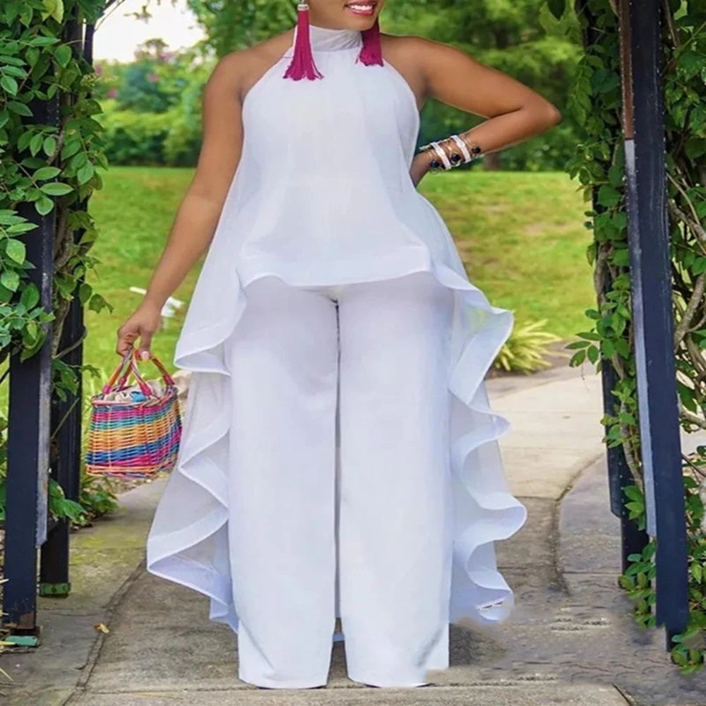 Women Summer White Pant Sets Backless Long Chiffon Blouse Wide Leg Trousers  Piece Outfits Elegant Party Vacation Beach Ladies