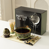 Ensemble de bols à matcha en céramique traditionnelle japonaise cuits au four avec fouet et brosse à matcha - 5 pièces d'accessoires pour la cérémonie du thé