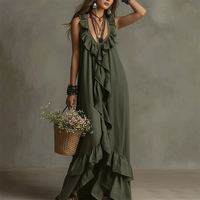 Robe longue vintage pour femmes, design à volants, col en V, sans manches, robe décontractée pour les vacances, tenue de tous les jours, nouvelle arrivée