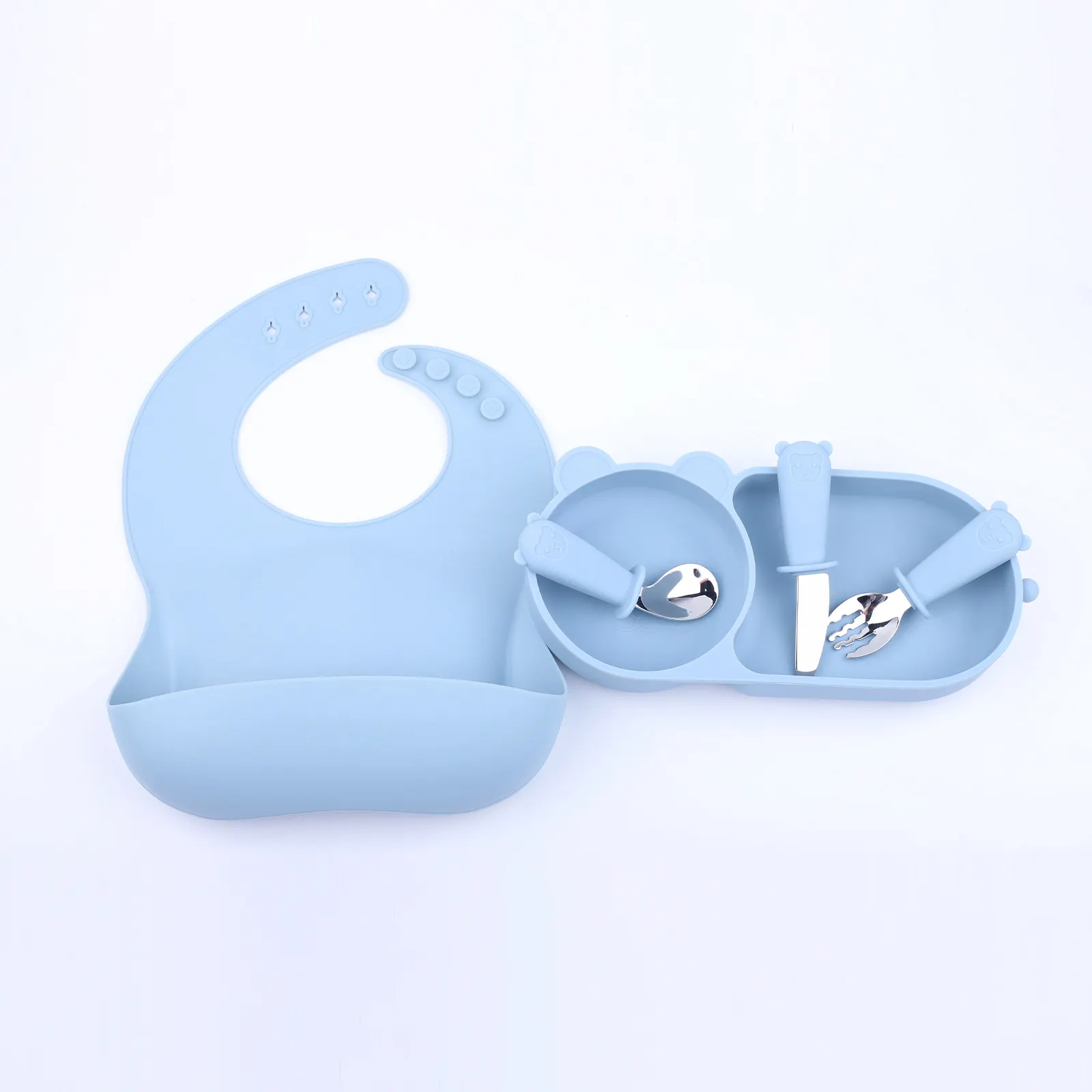 아기 제품 실리콘 식기 세트 고품질 방수 턱받이 및 접시 안전 아기 실리콘 수유 선물 상자
