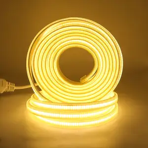 Süper parlak 220V sıcak beyaz 3000K COB LED şerit ışık 8MM açık su geçirmez IP67 esnek LED bant ışıkları