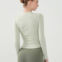 Kaos Olahraga Wanita Lengan Panjang Kerah Bulat Kancing Terbuka Ringan Elastisitas Tinggi Bernapas untuk Kebugaran Yoga