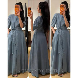 Vestido Camisero Largo de Gasa Sólida, Estilo Modesto, 100% Lino Lavable, Vestido de Fiesta con Mangas Largas, Cintura Imperio y Botones - Product Image 2
