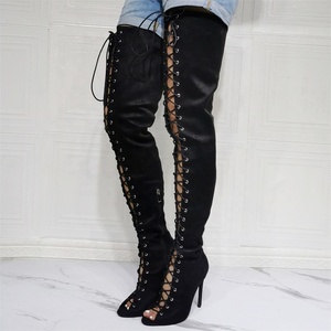 Bottes longues sexy à lacets pour femme, talon haut, bout ouvert, grande taille, idéales pour l'été et les jambes larges - Product Image 2