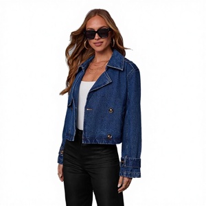 Blouson moto en jean délavé à col rabattu, coupe courte, double boutonnage, manches longues, couleur unie, collection Printemps-Automne 2025 pour femme - Product Image 3