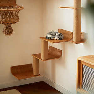 Rak dinding motif Pohon kucing Modern kayu padat rak kucing hemat ruang dengan tangga panjat tebing Sisal bergaya untuk ruang kecil - Product Image 3