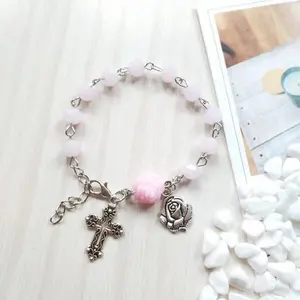 Rose crystal Decade Rosary Pink beads Cross Bracelet Catholic Virgin Mary St Benedict Rosaries