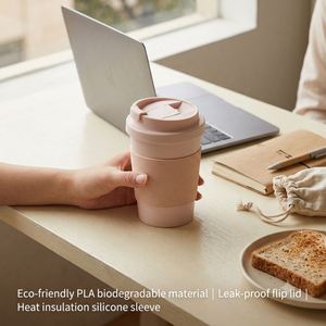 350ml PLA Biodegradable <b>Coffee</b> Mug Leakproof Flip Lid Heat Insulation Silicone Sleeve Eco Travel <b>Cup</b> for Office Outdoor Camping - Product Image 2