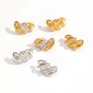 Cross Border Ribbed Bread <b>Stud</b> Earrings 18k Gold Plated <b>Titanium</b> Steel Geometric Design Fashion Jewelry - Product Image 3
