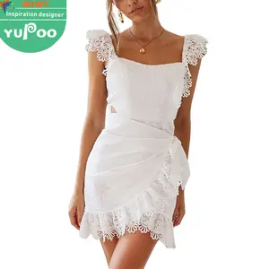 European style new design embroidered square collar casual sleeveless irregular ladies fashion backless cotton short white dress