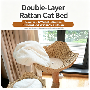 Arbre à chat en bois naturel massif avec structure tressée, nid pour chat intégré au sol, adapté aux chats petits et grands. - Product Image 3