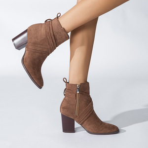 Bottines pour femmes en daim à bout carré, talon épais, fermeture éclair arrière, tendance automne - Product Image 3