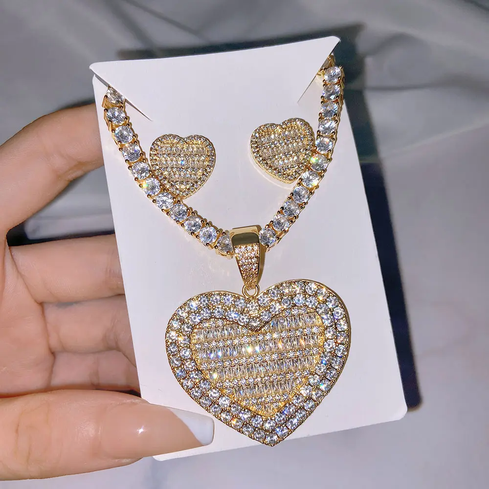 18k gold plated luxury jewelry sets bling cubic zirconia heart stud set