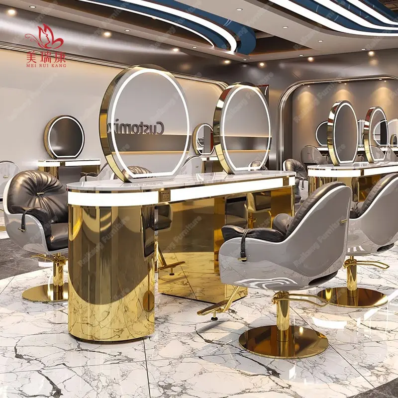 Cadre en or double face Led de luxe personnalisé station de coiffure pour barbier miroir de chaise de salon de beauté avec lumière LED