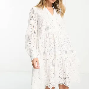 Hot Summer Women Custom Long Sleeves V Neck A Line Mini Dress Classic Casual White Soft Cotton Eyelet Fit And Flare Sundress
