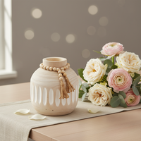 Vase en bois de paulownia rustique style bohème avec pompons décoratifs, centre de table style ferme