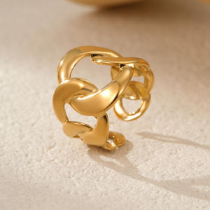 Bague ouverte en acier titane avec logo personnalisé unisexe, ligne de croix, perles rondes, résine de zircon, bague réglable en plaqué or - Product Image 3