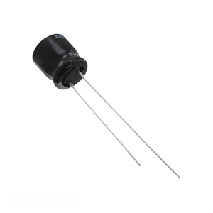 Condensador de Canal de Fabricante USV1A101MFD, de Orificio Pasante, 100 uF, Aluminio, 100UF, 20%, 10V, Radial TH - Product Image 1