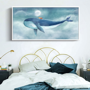 Personnalisé Bleu Ciel Blanc Lune Nuit Dessin Animé Mur Art Énorme Baleine Photo Impression Toile Abstraite Aquarelle Style Enfants Peinture Animal - Product Image 1