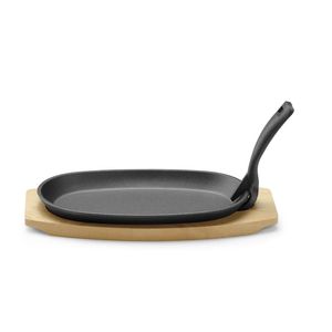 Plancha de Hierro Fundido Negra HENDI 280x143x(H)33mm Ovalada con Base de Madera y Agarrador, Equipo de Cocina Comercial - Product Image 1