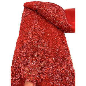 Ni. Ai sang trọng màu đỏ đính cườm Ren Vải cho váy cưới phong cách mới phi French Net ren vải với sequins thêu may - Product Image 1