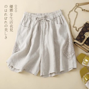 Women's Cotton Linen Shorts With Lace <b>Patchwork</b> Mid Waist Breathable Casual Pants - Product Image 3