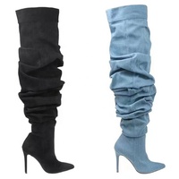 Bottes d'hiver pour femmes en denim froissé, à talon haut en cuir, bout pointu, montantes jusqu'au-dessus du genou, style mode automne-hiver