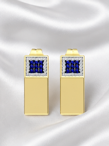 925 Sterling <b>Silver</b> Gold Plated Geometric Rectangle <b>Stud</b> Earrings with Blue Sapphire CZ and White Cubic Zirconia Modern - Product Image 5