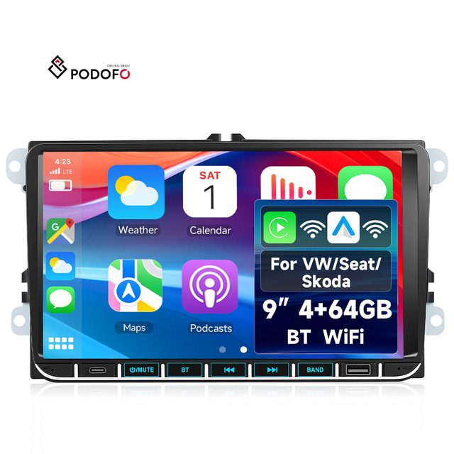PODOFO 9" 4+64GB 2 DIN Car Radio Stereo Wireless Carplay&Auto BT WiFi FM GPS WIFI for VW POLO/GOLF/PASSAT/BORA Skoda/Seat OEM