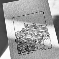 Cetakan Seni Minimalis Hitam Putih Kartu Pos Foto Kustom Seni Garis Pemandangan Kota Kertas Katun Suvenir Retro Cetak Letterpress MOQ Rendah