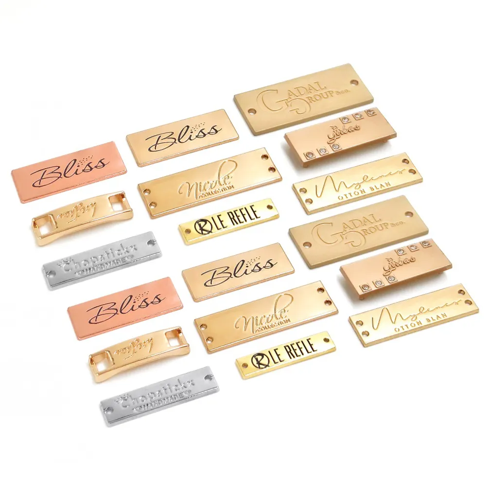 Accesorios para ropa, etiqueta con logotipo de marca, placa de etiqueta de metal en relieve dorado, etiqueta de planta, metal dorado, etiqueta de logotipo de metal personalizado