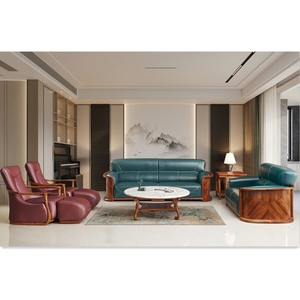 European Luxury Retro Sectional <b>Sofa</b> Set Solid <b>Wood</b> Ebony <b>Frame</b> Carved Villa Living Room Antique Style Leather <b>Sofa</b> 1+1+2+4 - Product Image 1