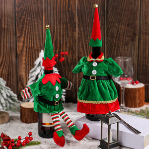 Green Velvet <b>Elf</b> Wine <b>Bottle</b> Cover with Hat Christmas <b>Elf</b> Costume Wine <b>Bottle</b> Ornament Supplies - Product Image 3