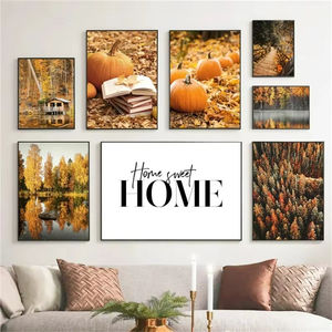 Otoño bosque calabaza Hojas de arce paisaje pared arte lienzo ardilla póster impresión pared carteles decoración pintura - Product Image 1